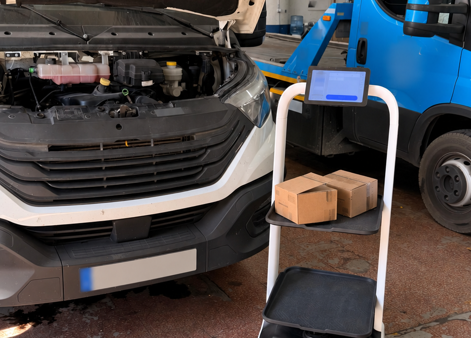 PuduBot 2 a transportar caixas numa oficina automóvel, com os elementos identificadores ocultados